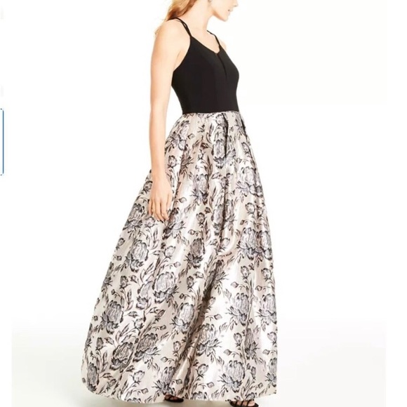 Floral Brocade Ballgown with Mesh Cutout - Picture 4 of 8